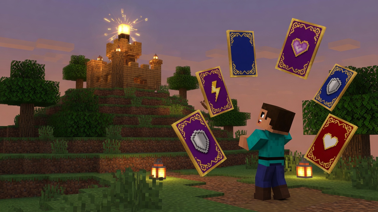 Jugador en un mundo de bloques con cartas flotando delante de un castillo