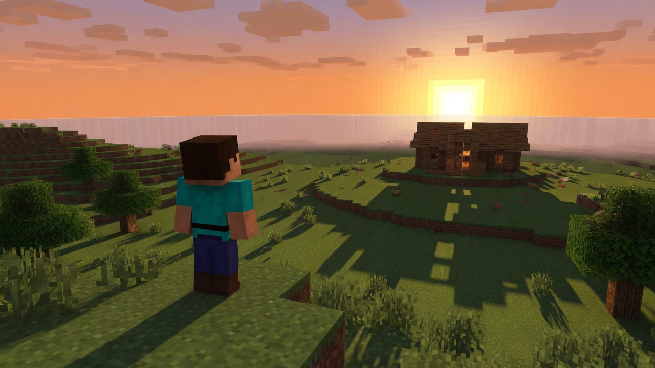 Un jugador mira una zona nueva al amanecer, con la base anterior al otro lado de una luz